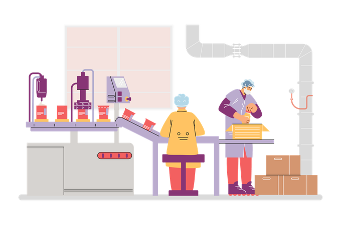Moving automatic conveyor line with bottles and operator employees  Illustration