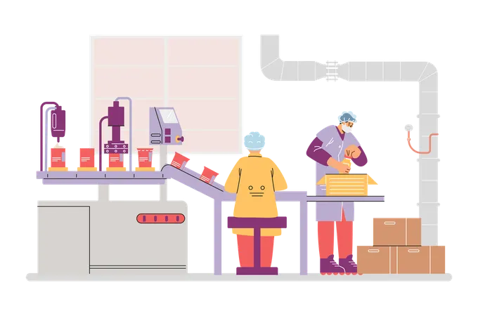 Moving automatic conveyor line with bottles and operator employees  Illustration