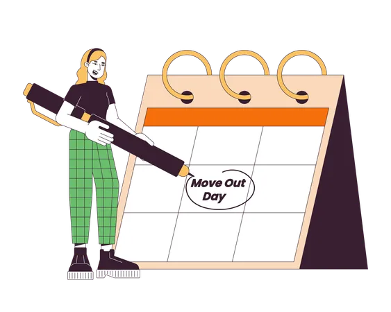 Moving Day Calendar Date Circled 2 D Linear Illustration Concept Caucasian Girl Drawing Circle With Pen Cartoon Character Isolated On White Scheduling Metaphor Abstract Flat Vector Outline Graphic 일러스트레이션