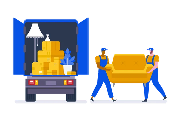 Moving House Service Moving With Sofa And Various Boxes To New Home Pile Of Stacked Cardboard Boxes Vector Stock Illustration In Flat Style Illustration
