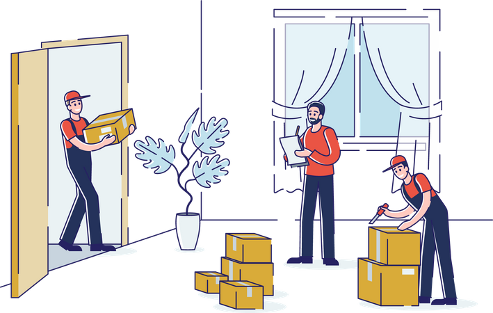 Moving house service with loaders carrying cardboard boxes to living room Illustration