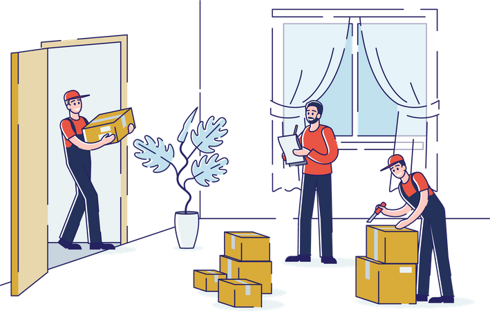 Moving house service with loaders carrying cardboard boxes to living room  Illustration