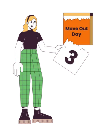 Moving Out Day Calendar Tear Off Line Cartoon Flat Illustration Caucasian Woman Ripping Page Off Countdown 2 D Lineart Character Isolated On White Background Before Moving Scene Vector Color Image 일러스트레이션