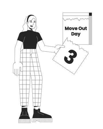 Moving Out Day Calendar Tear Off Black And White Cartoon Flat Illustration Caucasian Woman Rips Page Off Countdown 2 D Lineart Character Isolated Before Moving Monochrome Scene Vector Outline Image Illustration