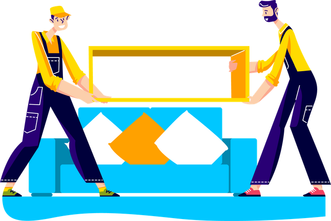 Moving service workers carrying furniture  Illustration