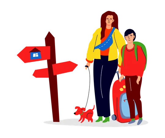 Moving With The Whole Family Modern Flat Design Style Illustration On White Background A Scene With Mother Child And Puppy At The Fork In The Road Pointer Shows The Way To The House Relocation Illustration