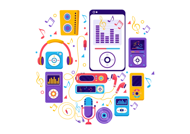 MP 3 Player Vector Illustration With Musical Notation Headphones Headset And Phone Of Music Listening Devices In Mobile App On Flat Background 일러스트레이션