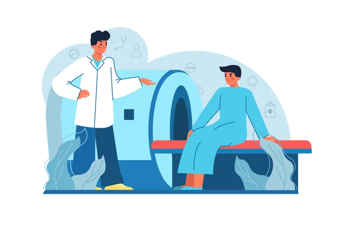 MRI Room Medicine Blue Concept With People Scene In The Flat Cartoon Style The Patient Came To A Special Room In The Hospital To Do An MRI Vector Illustration イラスト