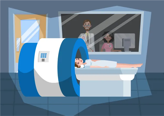 MRI Process Hospital Interior Young Woman Lying In The MRI Machine Doctor Making Magnetic Resonance Imaging Medical Observation And Healthcare Vector Illustration In Cartoon Style イラスト