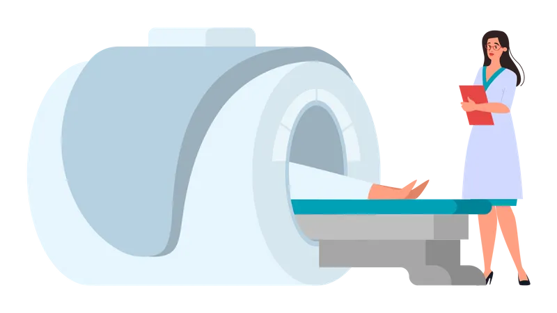 MRI Scan Verfahren Arzt Und Patient Am Scanner Magnetresonanztomographie Medizinische Diagnose Vektorillustration Im Flachen Stil Illustration