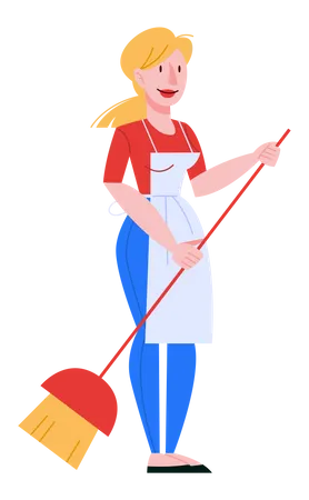 Mujer Uniformada Limpiando El Suelo Con Una Escoba Tareas Domesticas Rutina Domestica Lavado De Piso Personal De Servicio De Limpieza Ilustracion Vectorial En Estilo De Dibujos Animados Ilustración