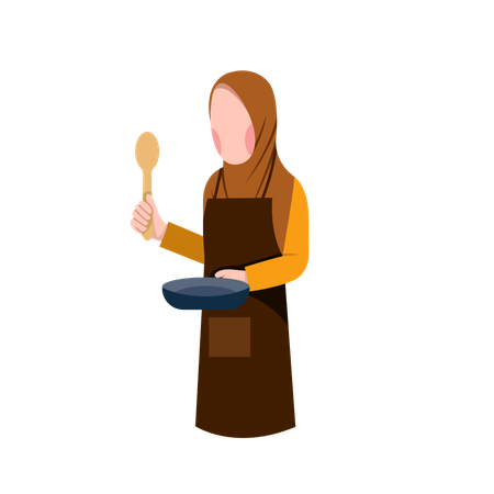 Dona de casa muçulmana segurando uma espátula e uma frigideira  Ilustração