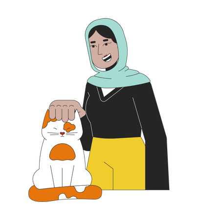 Mulher muçulmana hijab acariciando cabeça de gato  Ilustração