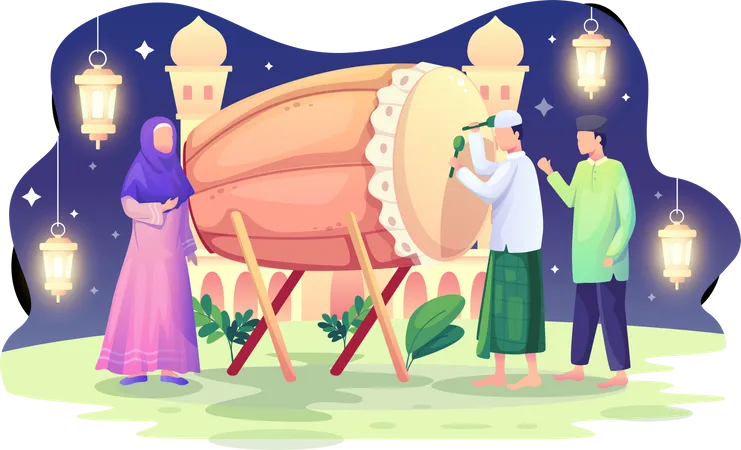 Muçulmanos celebram Ramadan Kareem com tambores  Ilustração