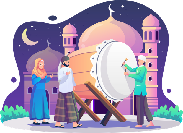 Muçulmanos celebram Ramadan Kareem com tambores  Ilustração