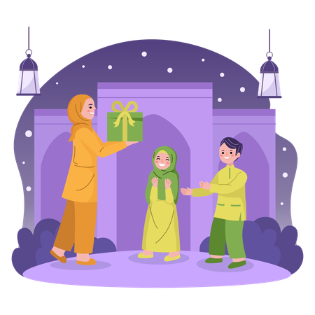 Muçulmano dando presente para crianças  Ilustração