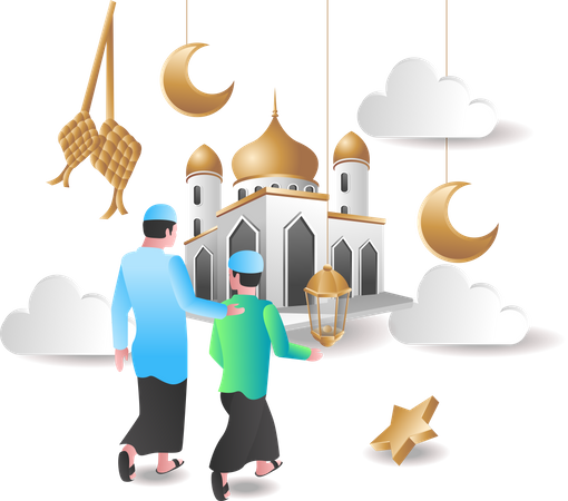 Pai e filho muçulmanos indo para masjid  Ilustração