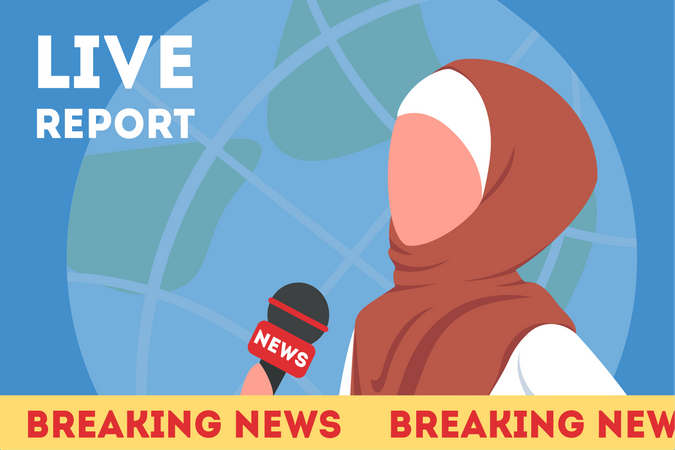 Repórter de notícias da TV muçulmana em uma transmissão ao vivo  Ilustração