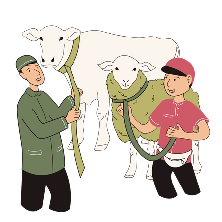 Homens muçulmanos carregando alguns animais usando cordas  Ilustração