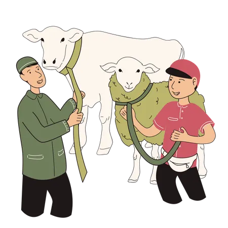 Homens muçulmanos carregando alguns animais usando cordas  Ilustração