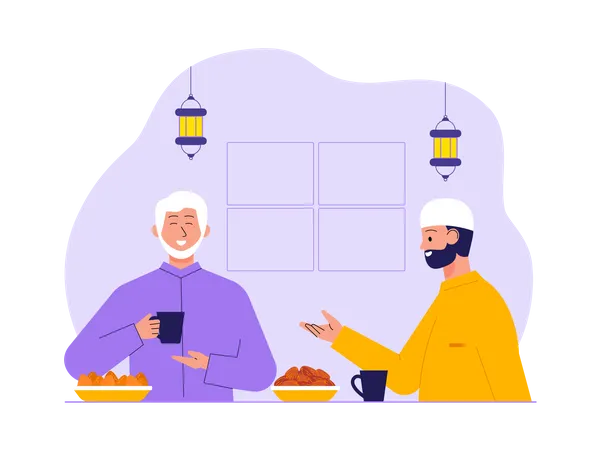 Muçulmanos jantando no Ramadã uns com os outros  Ilustração