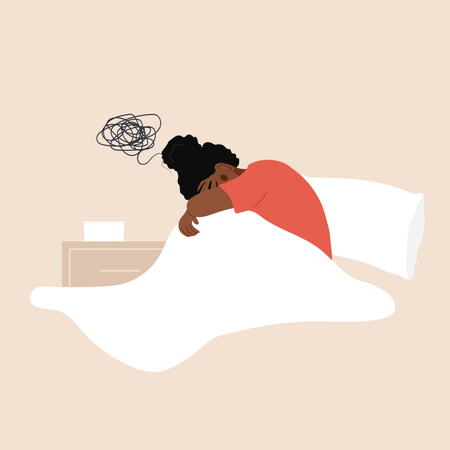 Müde afrikanische Frau hat Schwierigkeiten beim Einschlafen  Illustration