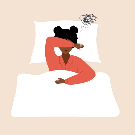 Müde afrikanische Frau liegt im Bett und leidet unter Kopfschmerzen  Illustration