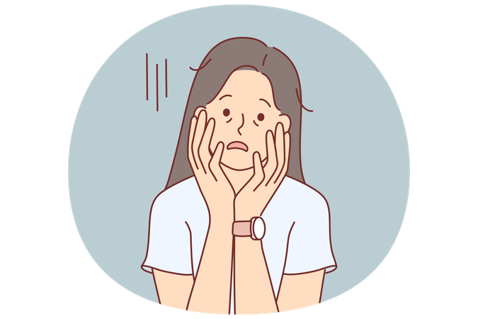 Müde Frau mit erschöpftem Aussehen berührt Gesicht mit Händen und leidet unter mangelnder Motivation  Illustration