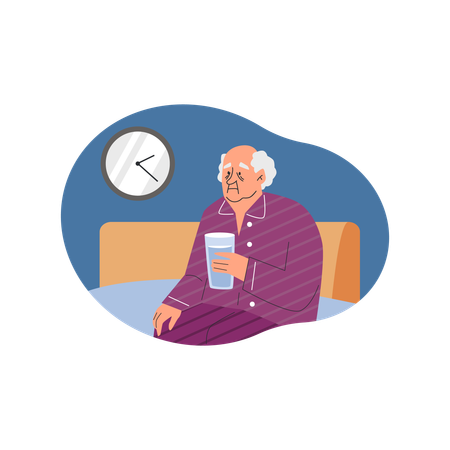 Müder, trauriger Großvater sitzt mit einem Glas Wasser auf dem Bett  Illustration