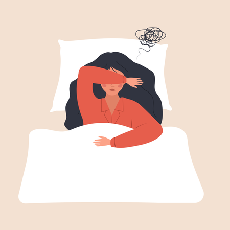 Müde und verärgerte Frau liegt im Bett und leidet unter Kopfschmerzen  Illustration