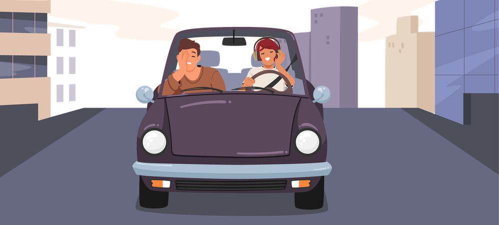 Müder Freund leidet unter dem Lied der Freundin, die Auto fährt und Musik hört und singt  Illustration