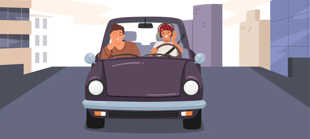 Müder Freund leidet unter dem Lied der Freundin, die Auto fährt und Musik hört und singt  Illustration