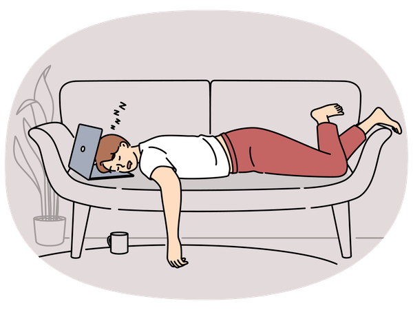 Müder Mann schläft ein, während er auf der Couch am Laptop arbeitet  Illustration