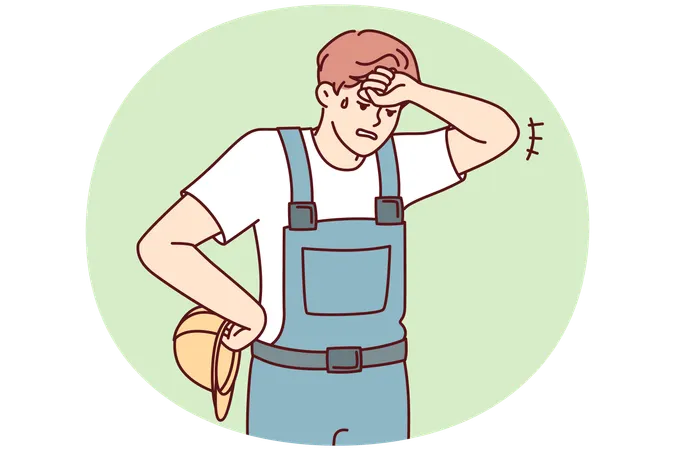 Müder, verschwitzter Mann in Bauuniform und Schutzhelm wischt sich die Stirn  Illustration