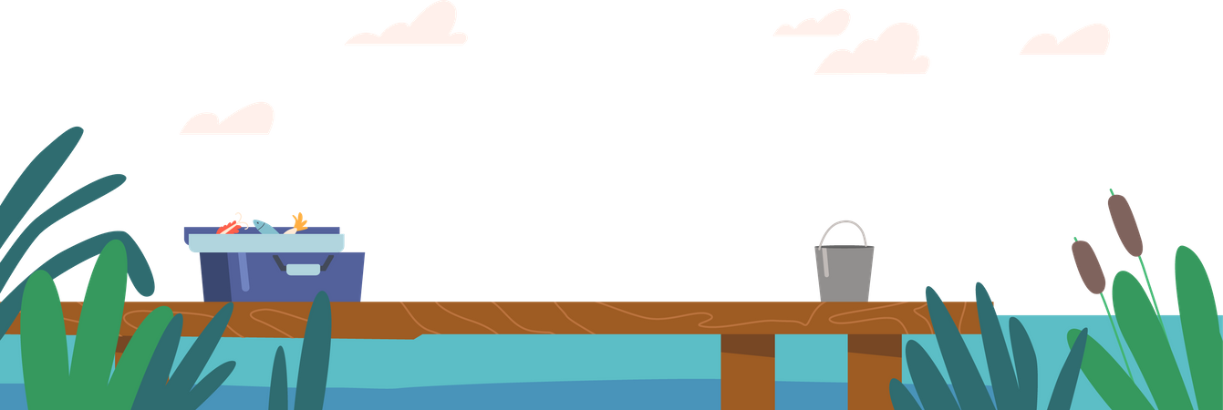 Muelle de madera en el río  Ilustración