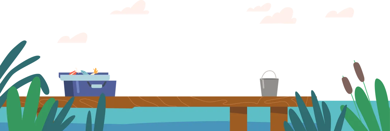 Muelle De Madera En El Paisaje Del Rio Lago O Estanque Muelle De Madera Con Cubo Y Caja Con Aparejos En Un Fondo Pintoresco Con Juncos En Agua Azul Y Nubes Rosadas En El Cielo Ilustracion Vectorial De Dibujos Animados Ilustración