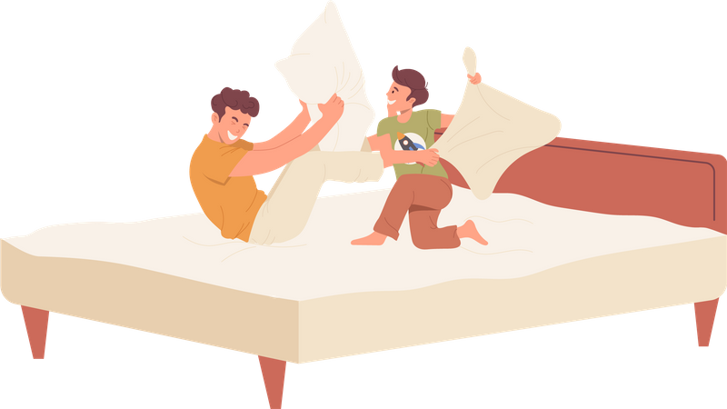 Pai muito feliz e filho brincando com travesseiros na cama, passando um tempo juntos  Ilustração