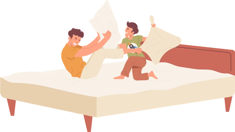 Pai muito feliz e filho brincando com travesseiros na cama, passando um tempo juntos  Ilustração