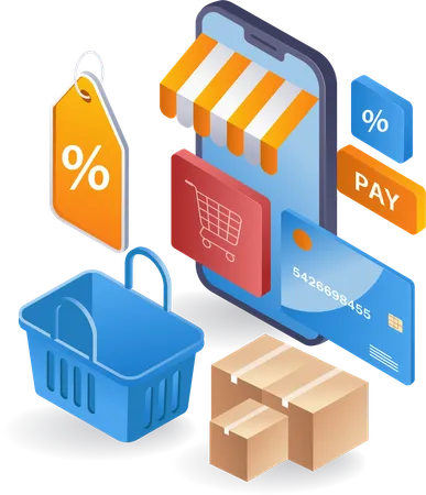 Muitos descontos no mercado de comércio eletrônico de compras on-line  Ilustração