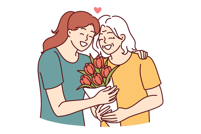 Una mujer abraza a una anciana madre y le regala un ramo de flores felicitándola por su cumpleaños  Ilustración