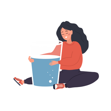 Mujer abraza un vaso grande de agua pura  Ilustración