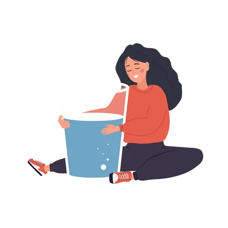 Mujer abraza un vaso grande de agua pura  Ilustración