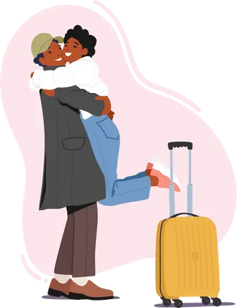 Mujer abrazando a un hombre con maleta conoce a su amante en el aeropuerto  Ilustración