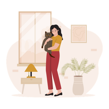 Mujer abrazando gato mascota  Ilustración