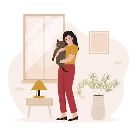 Mujer abrazando gato mascota  Ilustración