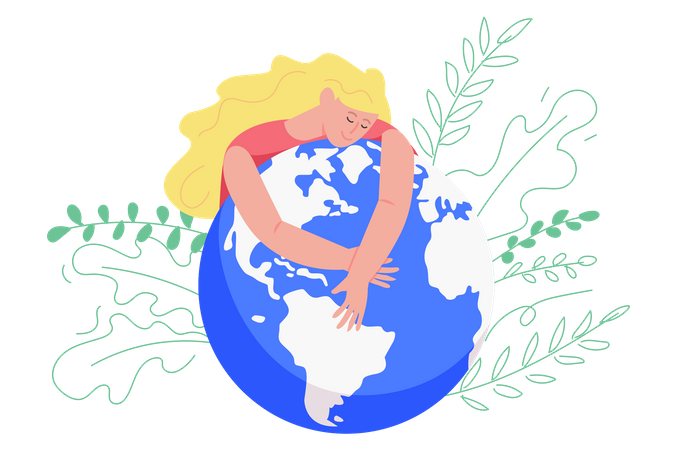 Mujer abrazando y expresa amor al planeta.  Ilustración