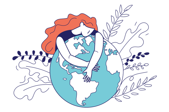 Mujer abrazando y expresa amor al planeta.  Ilustración