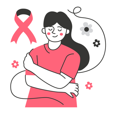 Mujer abrazándose a sí misma para cuidarse a sí misma del cáncer de mama  Ilustración