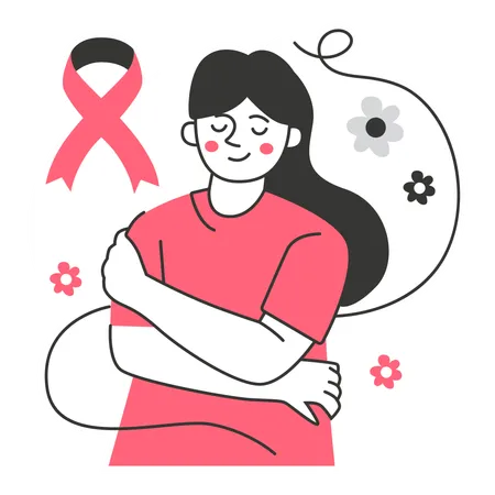 Mujer abrazándose a sí misma para cuidarse a sí misma del cáncer de mama  Ilustración