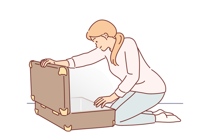 Mujer abre una maleta grande y ve brillar  Ilustración